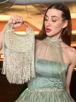 Odette - Silver Cutdana Tassels Moon Clutch Bag for Women