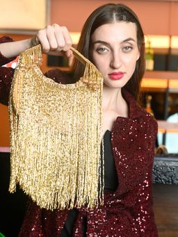 Odette - Golden Tasseled Structured Moon Clutch for Women