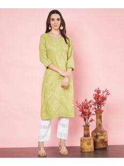 VAIRAGEE - Womens Olive Cotton Embroidered Straight Kurta