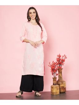 VAIRAGEE - Womens Peach Cotton Embroidered Straight Kurta