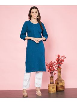 VAIRAGEE - Womens Teal Cotton Embroidered Straight Kurta