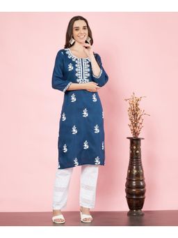 VAIRAGEE - Womens Navy Blue Cotton Embroidered Chikankari Kurta
