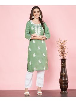 VAIRAGEE - Womens Olive Cotton Embroidered Chikankari Kurta