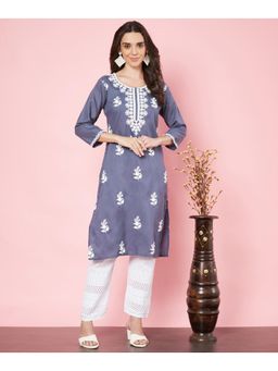 VAIRAGEE - Womens Grey Cotton Embroidered Chikankari Kurta