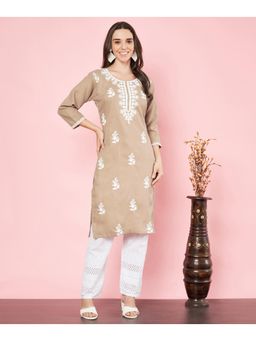 VAIRAGEE - Womens Beige Cotton Embroidered Chikankari Kurta