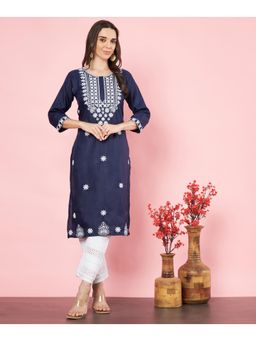 VAIRAGEE - Womens Navy Blue Cotton Embroidered Chikankari Kurta