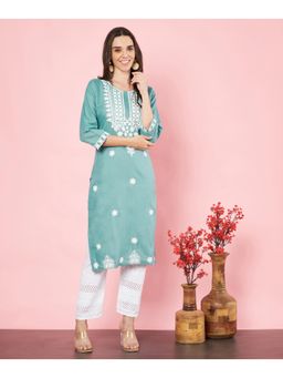 VAIRAGEE - Womens Turquoise Cotton Embroidered Chikankari Kurta