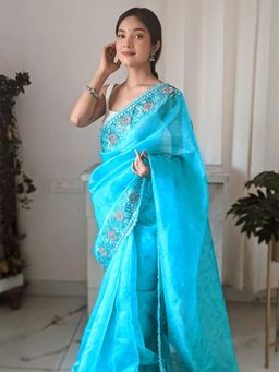 Odette - Blue Organza Saree with Unstitched Blouse
