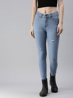 SHOWOFF - Women's Mildly Distressed Blue Skinny Fit Denim Jeans