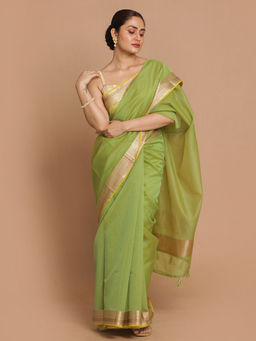 Indethnic - Banarasi Green Woven Design Daily Wear Saree With Unstitched Blouse