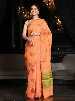 Beatitude - Orange Shade Desi Tussar Banarasi Handwoven Pink Border Saree with Unstitched Blouse