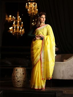 Beatitude - Yellow Handwoven Linen Embroidered Saree Unstitched Blouse