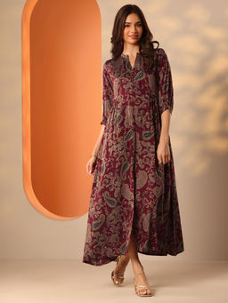 Libas - Maroon Printed Viscose Rayon Fit and Flare Dress