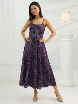 Libas - Purple Printed Silk Fit and Flare Dress