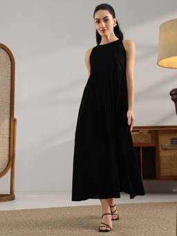 Libas - Black Solid Cotton Fit and Flare Dress