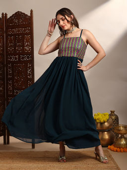 Globus - Women Blue Georgette Shoulder Strap Embroidered Dress