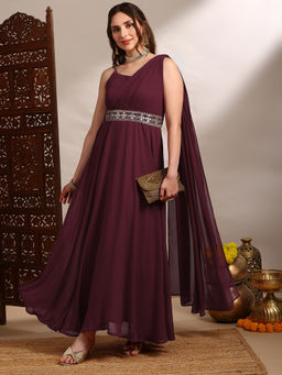 Globus - Women Maroon Georgette Strappy Shoulder Dress with Belt