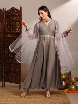 Globus - Women Taupe Embroidered Gown with Belt & Dupatta