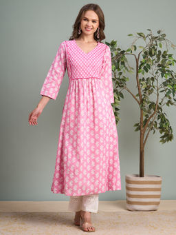 FASHOR - Pink Floral Printed A-Line Pleated Kurta