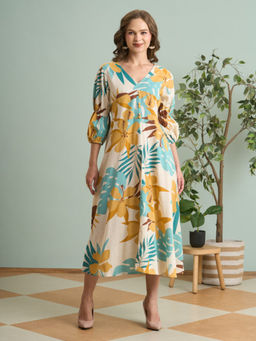 FASHOR - Floral Printed A-Line Pleated Beige Cotton Flax Dress