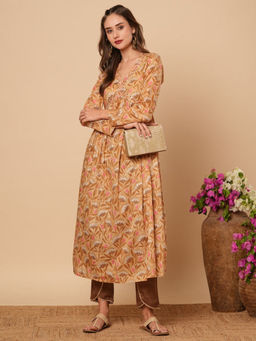 FASHOR - Brown Floral Printed and Sequin A-Line Pleated Kurta