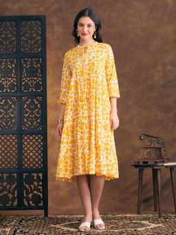 FASHOR - Abstract Printed A-Line Tiered Flared Midi Dress - Yellow