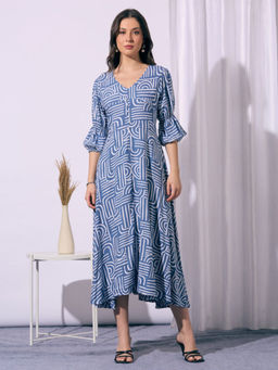 FASHOR - Abstract Printed A-Line Fit and Flared Midi Dress - Blue