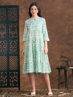 FASHOR - Abstract Printed A-Line Tiered Flared Midi Dress - Green