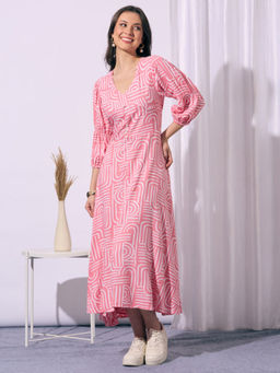 FASHOR - Abstract Printed A-Line Fit and Flared Midi Dress - Pink