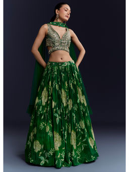 KALKI FASHION - Green Floral Print Bridesmaid Crepe Lehenga Choli with Dupatta