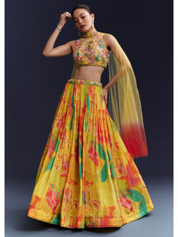 KALKI FASHION - Yellow Crepe Floral Bridesmaid Lehenga Choli with Dupatta
