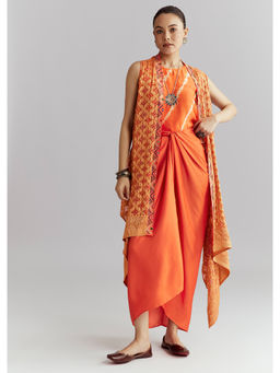 KALKI FASHION - Orange Silk Crop Top & Skirt with jacket