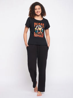 Clovia - Black Cotton Printed T-Shirt and Pyjama (Set of 2)