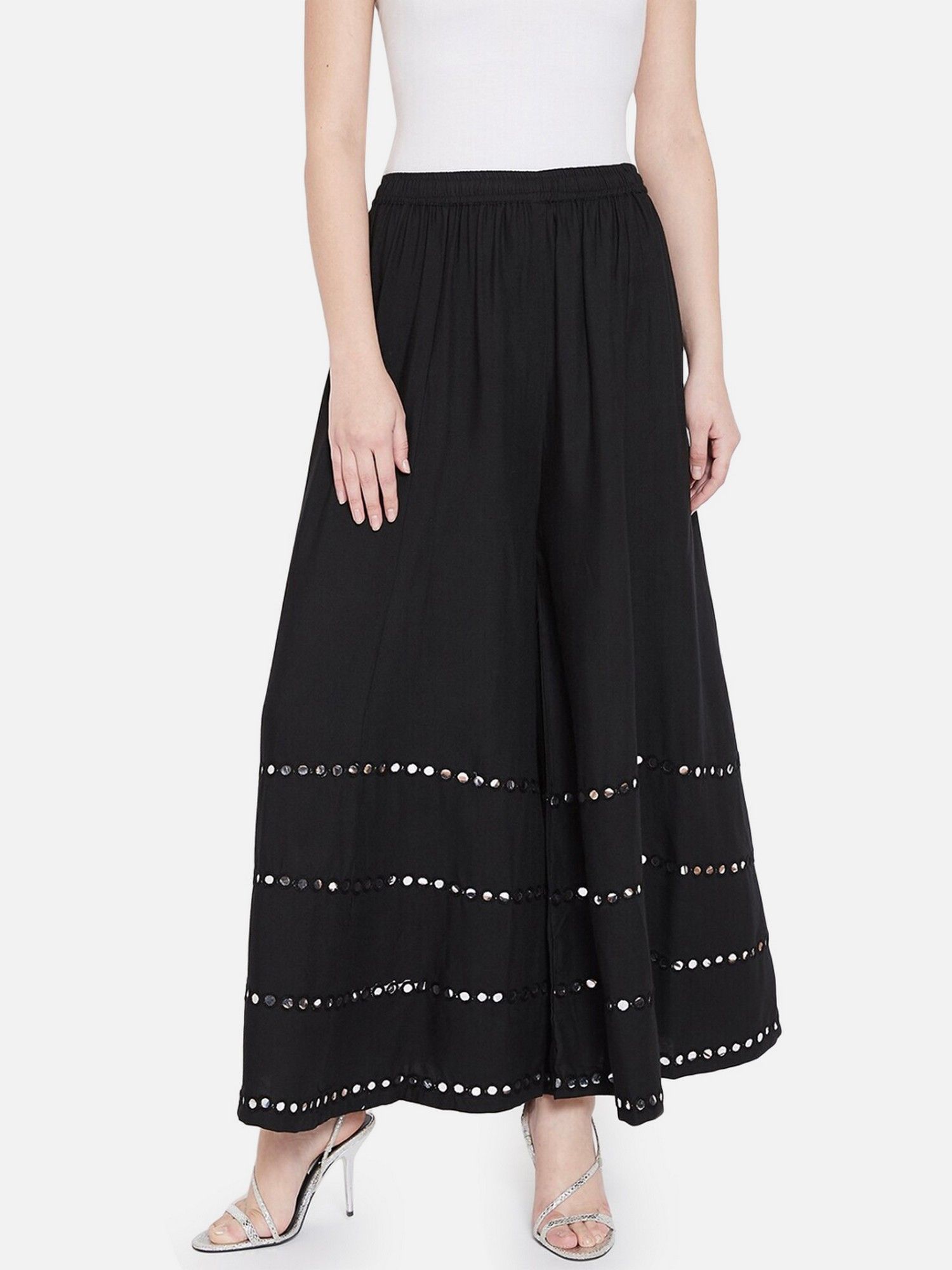 Women Black Rayon Mirror Work Flared Skirt-image-11