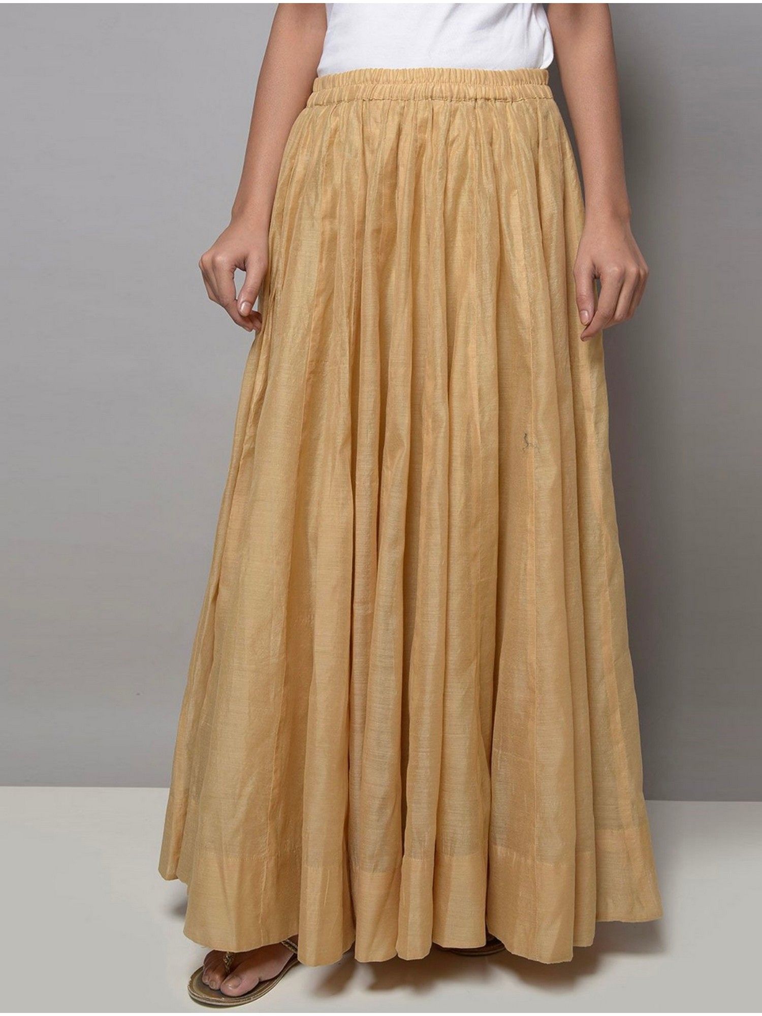 Women Gold Chanderi Plain Flared Skirt