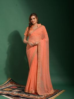 Odette - Peach Chiffon Designer Saree with Unstitched Blouse