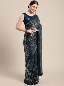 VAIRAGEE - Teal Embellished Sequinned Celebrity Saree with Unstitched Blouse