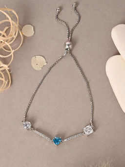 CLARA - 925 Silver Adjustable Anti Tarnish Swiss Zirconia Blue Heart Hand Bracelet for Women