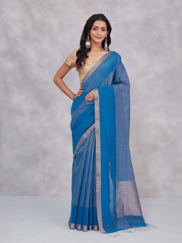Fabindia - Blue Cotton Silk Blend Hand Woven Saree Without Blouse