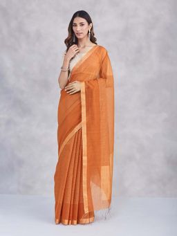 Fabindia - Orange Cotton Silk Blend Hand Woven Saree Without Blouse