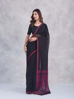 Fabindia - Black Cotton Silk Maheshwari Saree Without Blouse