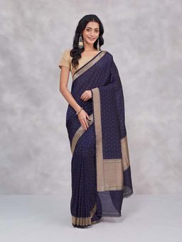 Fabindia - Navy Viscose Silk Blend Saree Without Blouse