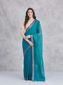 Fabindia - Teal Silk Blend Saree Without Blouse