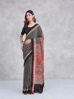 Fabindia - Black Viscose Blend Ajrakh Printed Saree Without Blouse