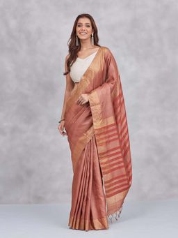 Fabindia - Orange Silk Blend Saree Without Blouse
