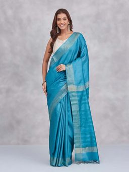 Fabindia - Turquoise Silk Blend Saree Without Blouse