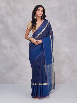 Fabindia - Navy Cotton Silk Blend Saree Without Blouse