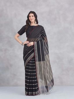 Fabindia - Black Cotton Silk Maheshwari Saree Without Blouse