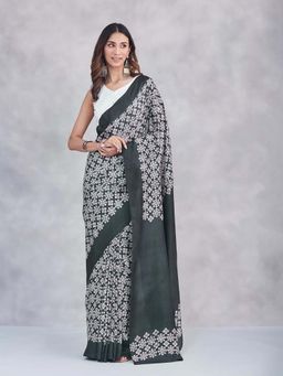 Fabindia - Black Silk Hand Block Printed Saree Without Blouse