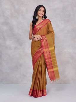 Fabindia - Mustard Cotton Blend Saree Without Blouse